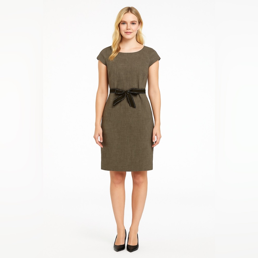 Brown Knee Length Sheath Dress Sz 8 Belted Bow Waist Career Office Spring Twee